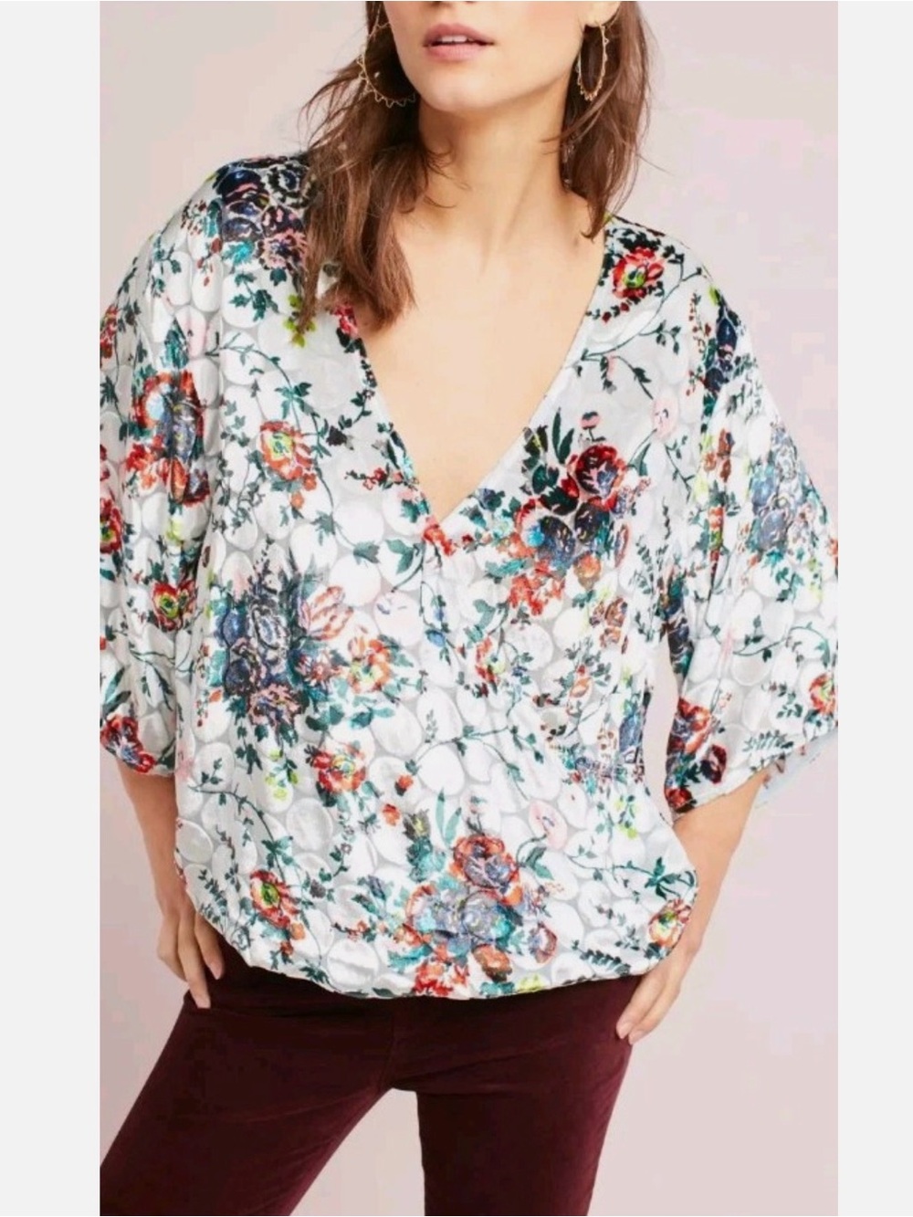 Maeve by Anthropologie Umi Velvet Burnout Floral Wrap Blouse Top Boho Gray Sz L